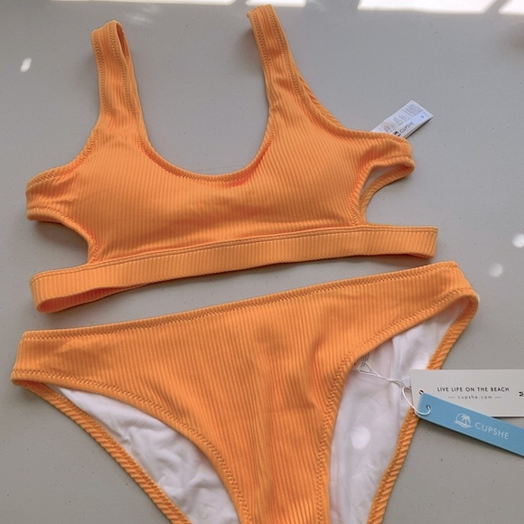 Cupshe Bikini Set Swimsuit Ribbed Orange Size Medium - Picture 3 of 7